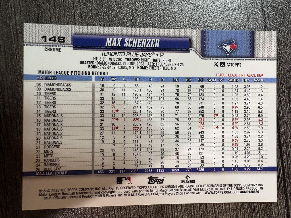 2026 Topps Chrome #148 Max Scherzer Gold RayWave Refractor /50