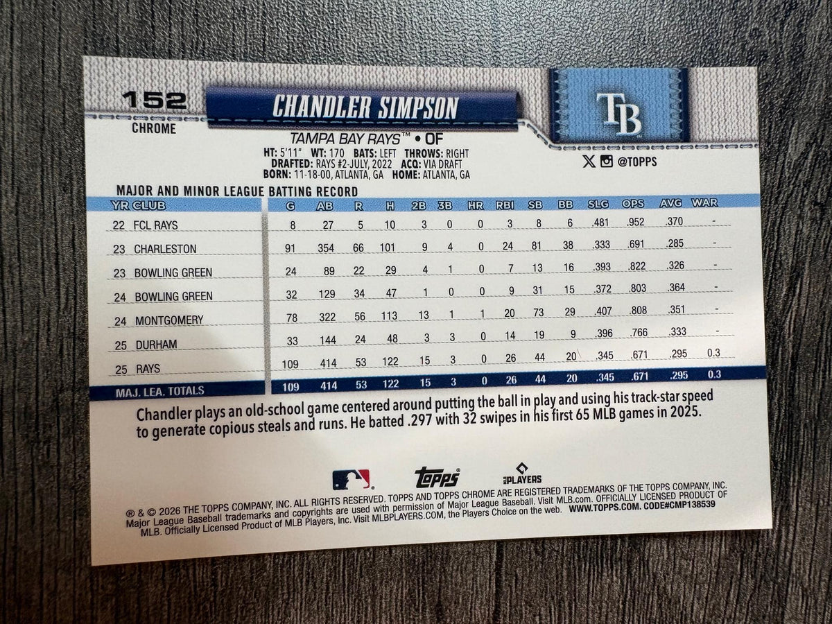 2026 Topps Chrome #152 Chandler Simpson Aqua RayWave /199