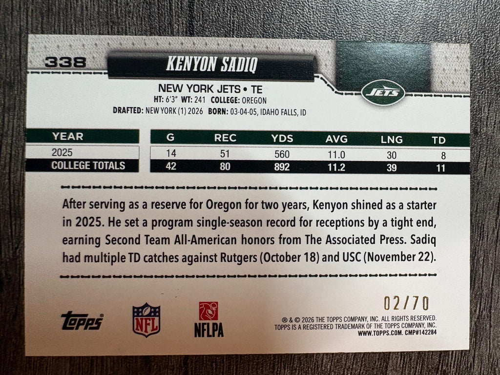 2026 Topps Flagship #338 Kenyon Sadiq Black #/70