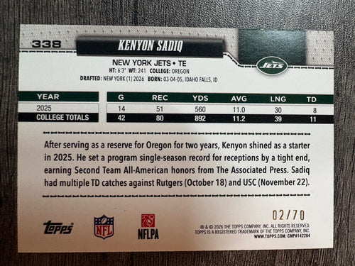2026 Topps Flagship #338 Kenyon Sadiq Black #/70