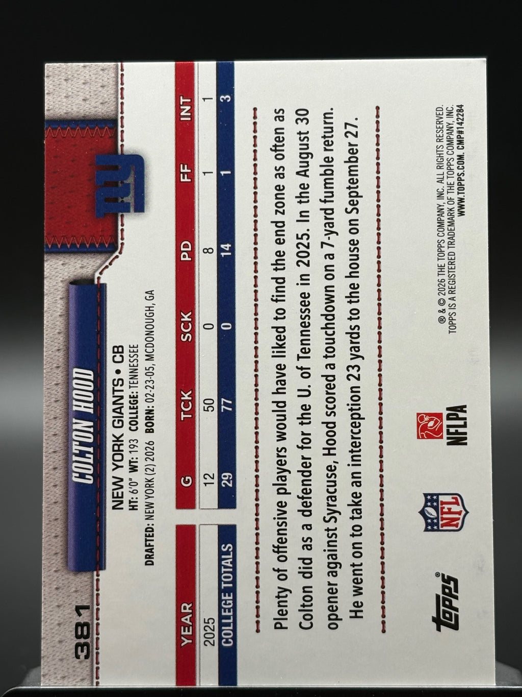 2026 Topps Flagship #381 Colton Hood Topps Logo Foilboard