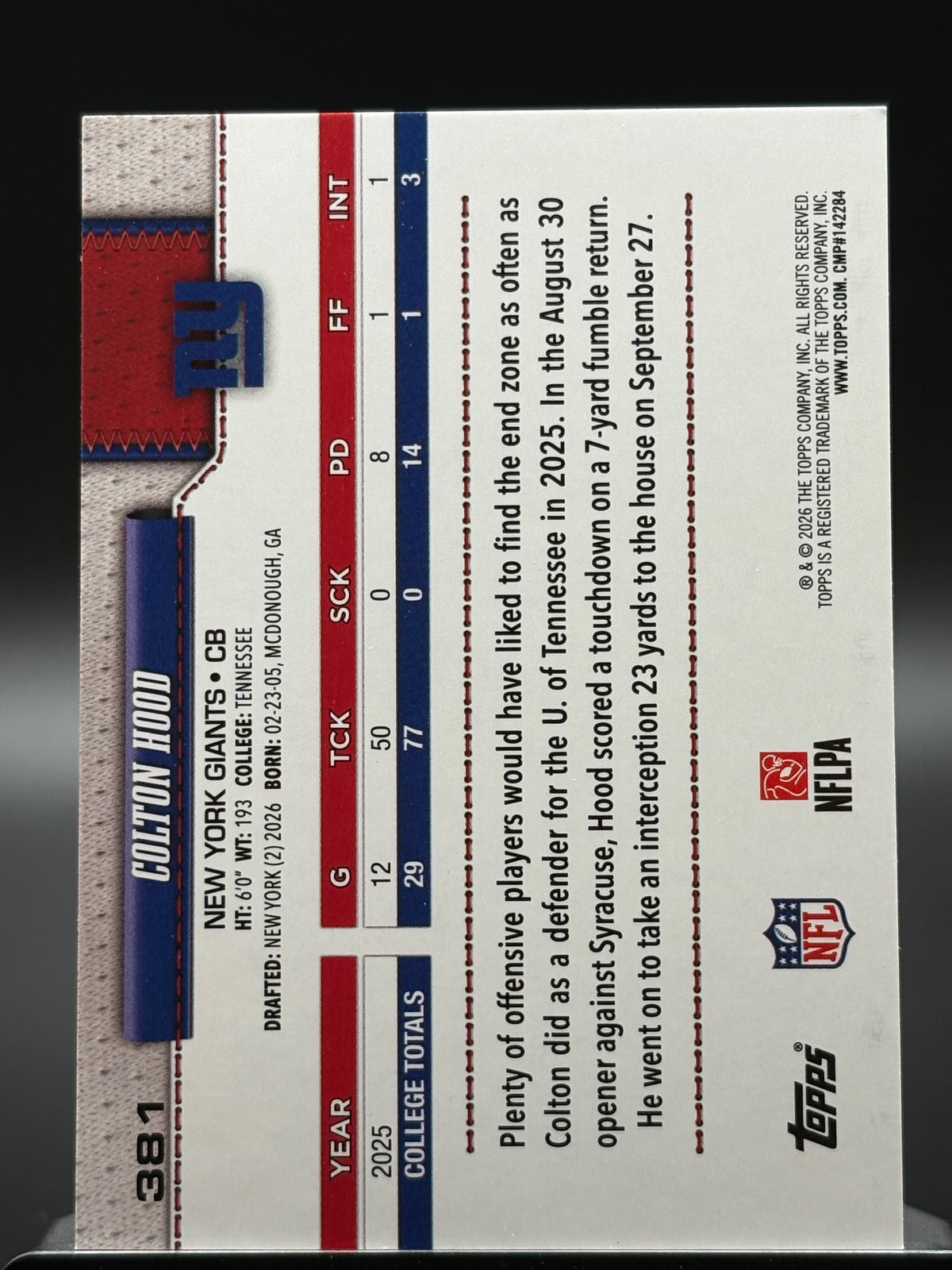 2026 Topps Flagship #381 Colton Hood Topps Logo Foilboard