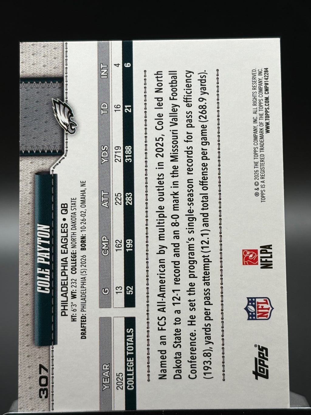2026 Topps Flagship #307 Cole Payton Holo Foil
