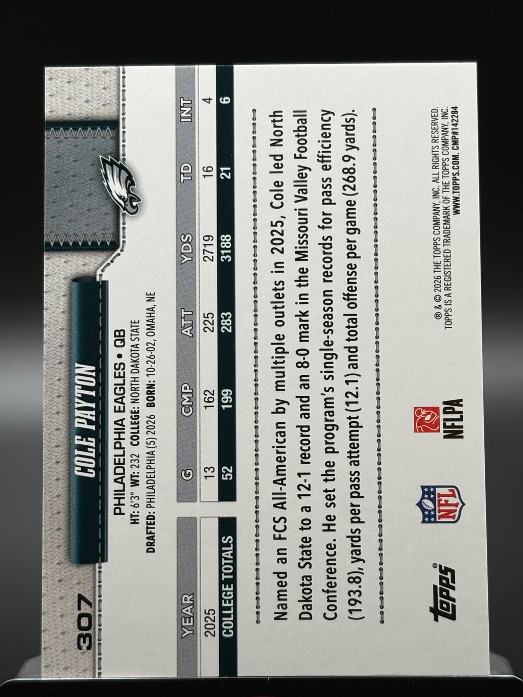 2026 Topps Flagship #307 Cole Payton Silver Crackle Foil